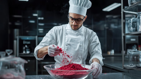 A chef is preparing a dish with red powder in a bowl. The chef is wearing a white apron and a white hat. The kitchen is well-equipped with various utensils and appliances, including a refrigeratorの素材