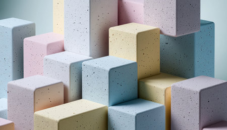 A stack of colorful blocks with a white background. The blocks are of different colors and sizes, and they are arranged in a way that creates a sense of depth and dimensionの素材