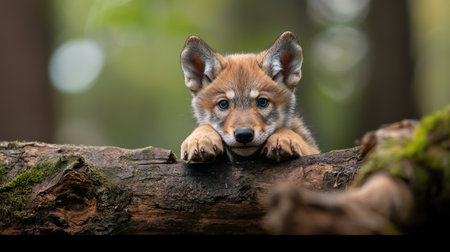 A baby coyote is looking at the camera from a log. Concept of curiosity and playfulness, as the young animal seems to be enjoying its time on the logの素材