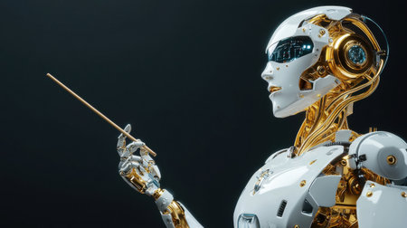 A robot is holding a stick and has gold accents. The robot is standing in front of a black backgroundの素材