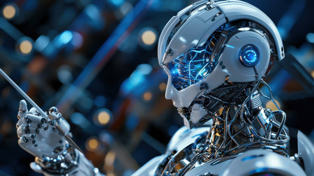 A robot with a blue face and a white body is holding a stick. The robot is surrounded by a dark background, which gives the impression of a futuristic or dystopian settingの素材