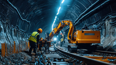 A man in a yellow vest is working on a train track. There are two other men in the backgroundの素材