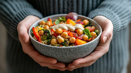 A person is holding a bowl of food that contains vegetables and chickpeas. The bowl is filled with a creamy sauce, and the person is wearing a gray sweater. Concept of warmth and comfortの素材
