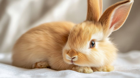 A cute little rabbit is laying on a white surface. The rabbit has a curious look on its face and he is looking at the cameraの素材