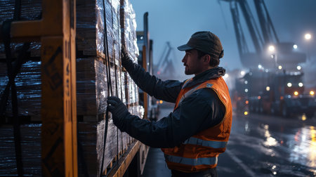A man in an orange vest is working on a truck with boxes. The scene is set in a warehouse with a lot of machinery and trucks. The man is focused on his task, and the atmosphere is busy and industrialの素材