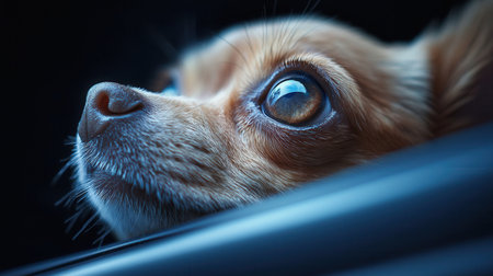 A brown dog with big eyes is looking out of a car window. The dog appears to be curious and interested in its surroundingsの素材