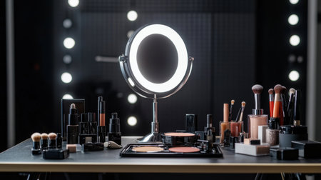 A makeup table with a large mirror and many makeup products. The table is set up for a makeup artist to work on a clientの素材