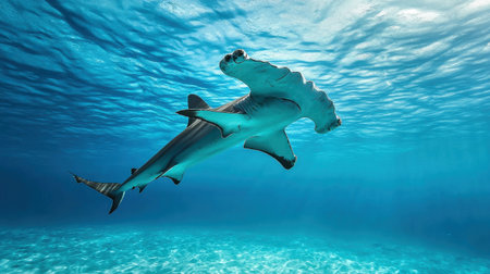 A shark is swimming in the ocean. The water is clear and blue. The shark is large and has a long tailの素材