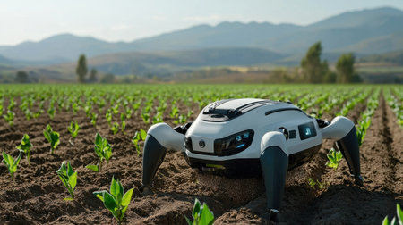 A robot is standing in a field of green plants. The robot is white and black and has a blue light on its headの素材