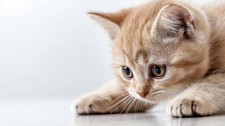 A kitten is looking at the camera with its eyes wide open. The kitten is sitting on a white surface and he is curious about its surroundingsの素材