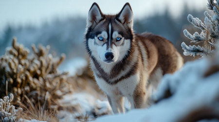 A dog with blue eyes stands in the snow. The dog is brown and whiteの素材