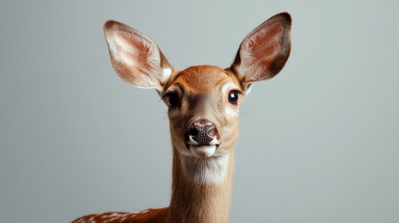 A deer is staring at the camera with its ears perked up. The deer is brown and white in colorの素材