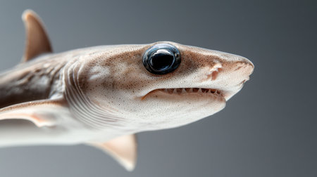 A shark is shown with its mouth open and its eyes looking at the camera. The shark is white and has a black eyeの素材