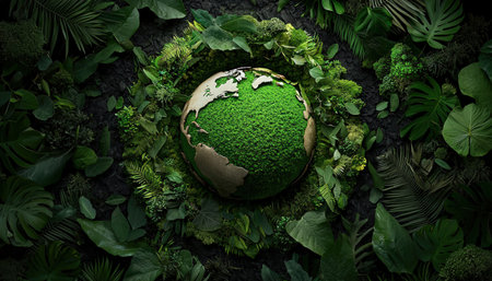 A conceptual image of Earth made of green moss and leaves, surrounded by natural elementsの素材