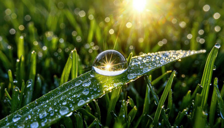 A close-up of a drop of water resting on a blade of grass, sparkling under sunlightの素材