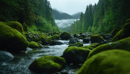 A beautiful mountain stream flowing through moss-covered rocks in a dense forestの素材