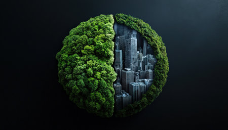 A conceptual art piece showing Earth split into lush greenery and industrialization, symbolizing balanceの素材
