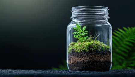 A clear glass jar filled with layers of soil, plants, and moss, creating a self-sustaining ecosystemの素材