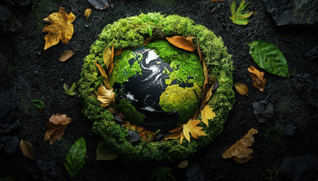A conceptual image of Earth made of green moss and leaves, surrounded by natural elementsの素材