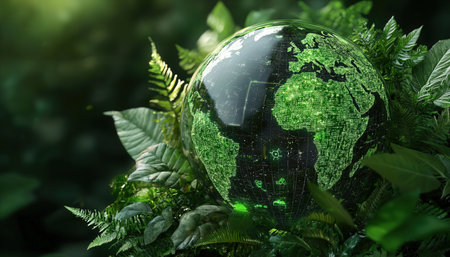 A digital hologram of Earth surrounded by green technology icons, representing sustainable innovationsの素材