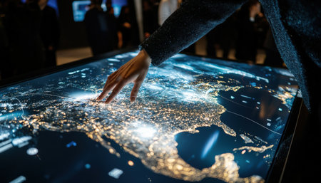 A holographic display of Earth showing areas of improved air quality and reduced emissions -の素材