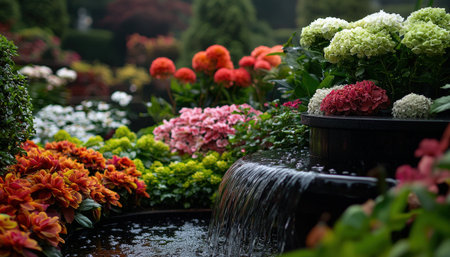 A vibrant garden filled with blooming flowers and a small water fountainの素材