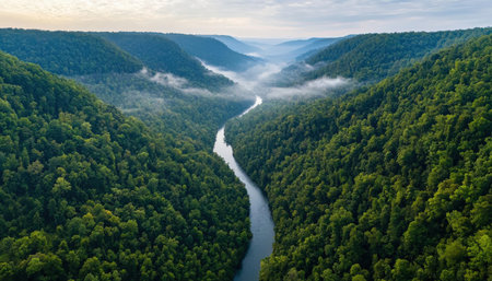 A scenic drone view of a national park filled with dense forests, rivers, and wildlifeの素材