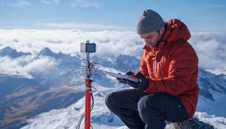 A scientist monitoring weather patterns with advanced equipment on a mountain peakの素材