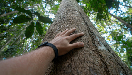 A hand touching the bark of a tall tree in a serene forest, symbolizing connection to natureの素材