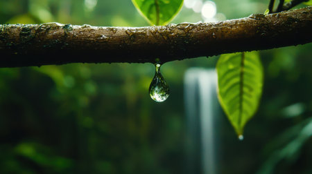 A leaf hangs over a stream of water. The water is clear and the leaf is green. Concept of calm and tranquilityの素材