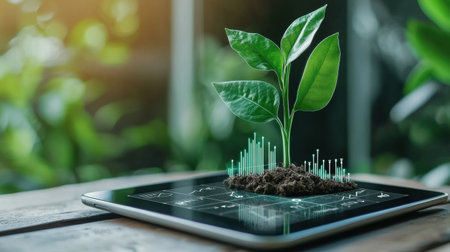 A tablet with a plant on it. The plant is green and he is growing. The tablet is on a wooden tableの素材