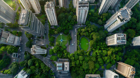 A city view with tall buildings and a park in the middle. The park is surrounded by trees and has a green grassy area. The city is bustling with traffic, including cars and buses. The sky is clearの素材