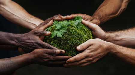 A group of people holding a plant in their hands. The plant is green and has leaves. The people are holding the plant together, which could symbolize unity or teamworkの素材