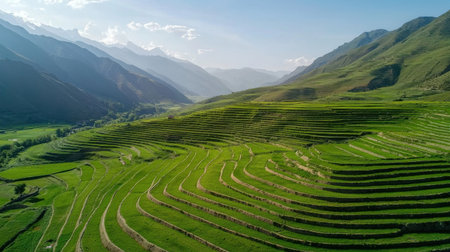 A mountain range with a green valley in between. The valley is full of green grass and is surrounded by mountainsの素材