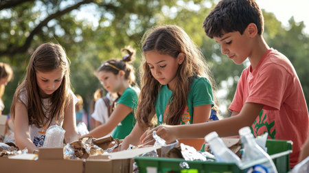 Three young girls are working together to sort through trash. They are surrounded by a pile of garbage and a few bottles. Scene is one of teamworkの素材