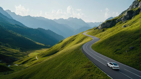 A car is driving down a winding road in the mountains. The road is surrounded by lush green hills and the sky is clear and blue. The car is a white Tesla, and it is the only vehicle on the roadの素材