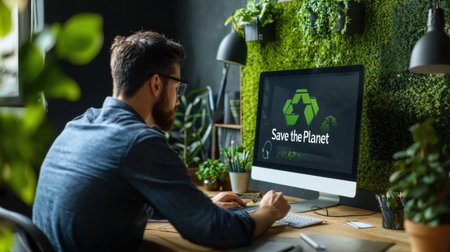 A man is sitting at a desk with a computer monitor in front of him. The monitor has a green logo that says "Save the Planet." The man is typing on the keyboardの素材