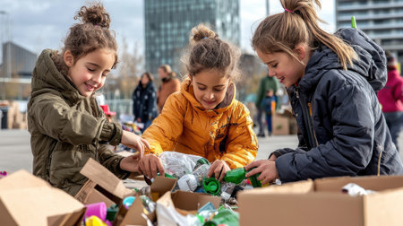Three young girls are playing with trash in a park. They are sorting through the garbage and putting bottles in a box. Scene is lighthearted and playfulの素材