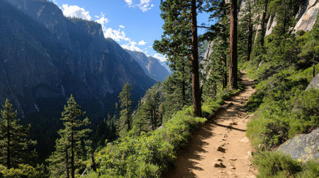 A trail winds through a forest with a view of a mountain range in the distance. The path is surrounded by trees and the sky is clear and blueの素材