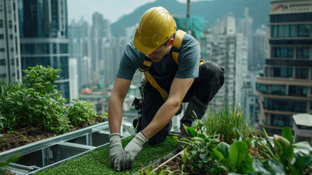 A man in a yellow helmet is working on a rooftop garden. The man is wearing a hard hat and safety gear. The rooftop garden is located in a city with tall buildings in the backgroundの素材