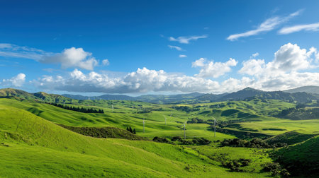 A large, open field with a clear blue sky and a few clouds. The sky is bright and sunny, and the grass is lush and green. The scene is peaceful and serene, with the rolling hillsの素材