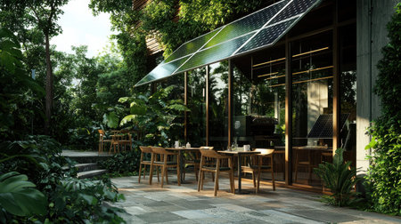A restaurant with a lot of greenery and a lot of sunlight. The tables are wooden and there are chairs around themの素材