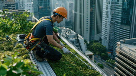 A man in a yellow helmet is working on a rooftop. The man is wearing a yellow helmet and orange safety harnessの素材