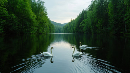 Three swans are swimming in a lake. The water is calm and the sky is cloudy. The scene is peaceful and sereneの素材