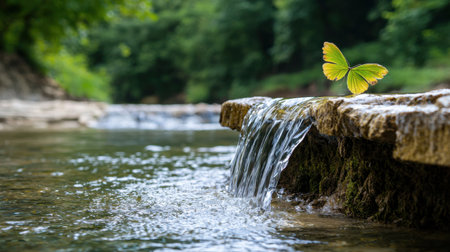 A small green leaf is on top of a rock in a stream. The leaf is surrounded by water and the rock is partially submerged. The scene is peaceful and serene, with the water flowing gentlyの素材