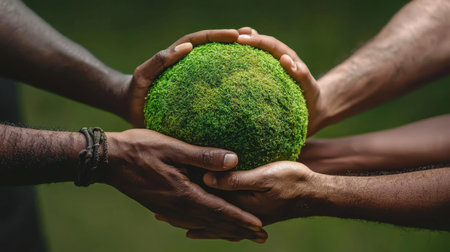 A group of people holding a green ball. The ball is made of moss and is being held by three people. Concept of unity and togetherness as the people hold the ball in their handsの素材