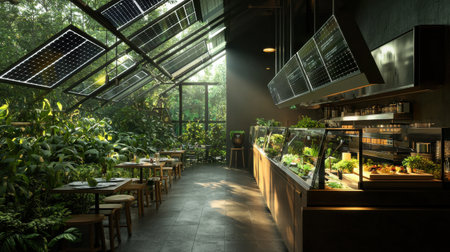 A restaurant with a lot of greenery and plants. The atmosphere is calm and relaxing. The tables are set with plates, cups, and utensils. There are several potted plants throughout the spaceの素材