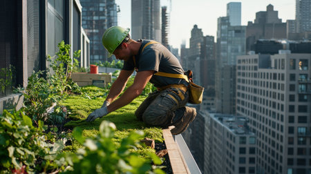 A man in a green helmet is working on a rooftop garden. The city skyline in the background creates a sense of urban life and progressの素材