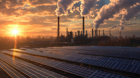 A large industrial area with a lot of smoke and a sunset in the background. Scene is somewhat ominous and forebodingの素材
