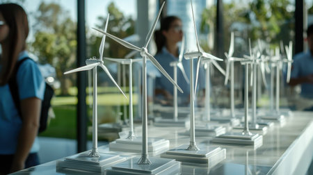 A group of wind turbines are on display in a room. The room is filled with people, some of whom are looking at the turbines. Scene is one of curiosity and interestの素材